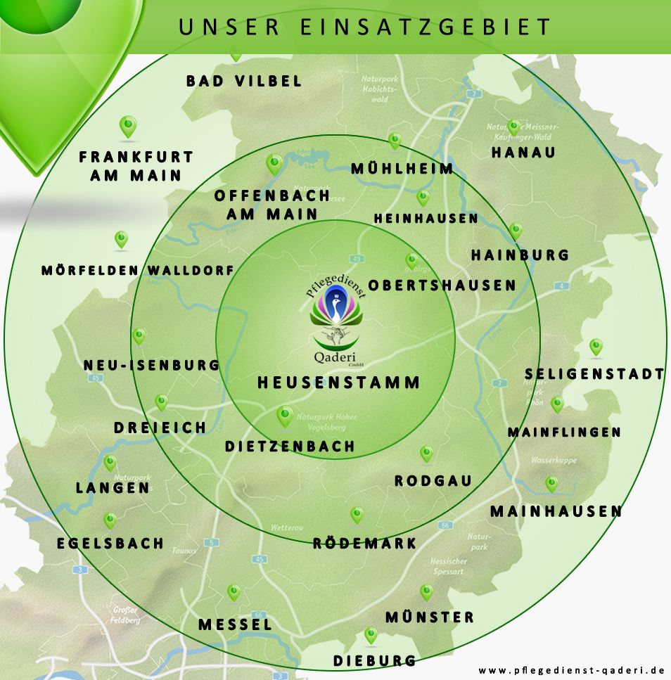 Einzugsgebiet des Pflegedienstes Qaderi rund um Heusenstamm und im Kreis Offenbach